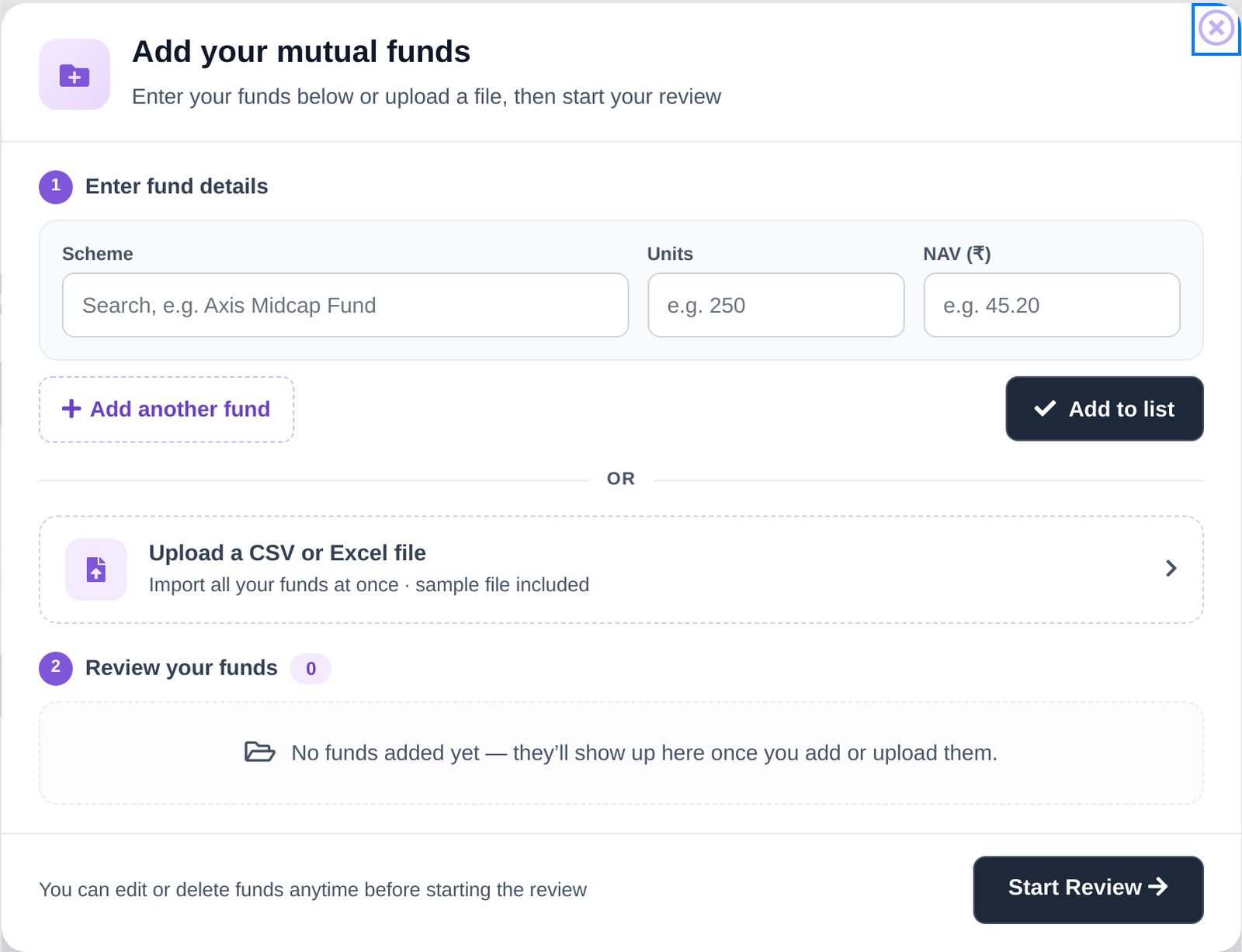The add funds window, with fields for scheme, units and NAV