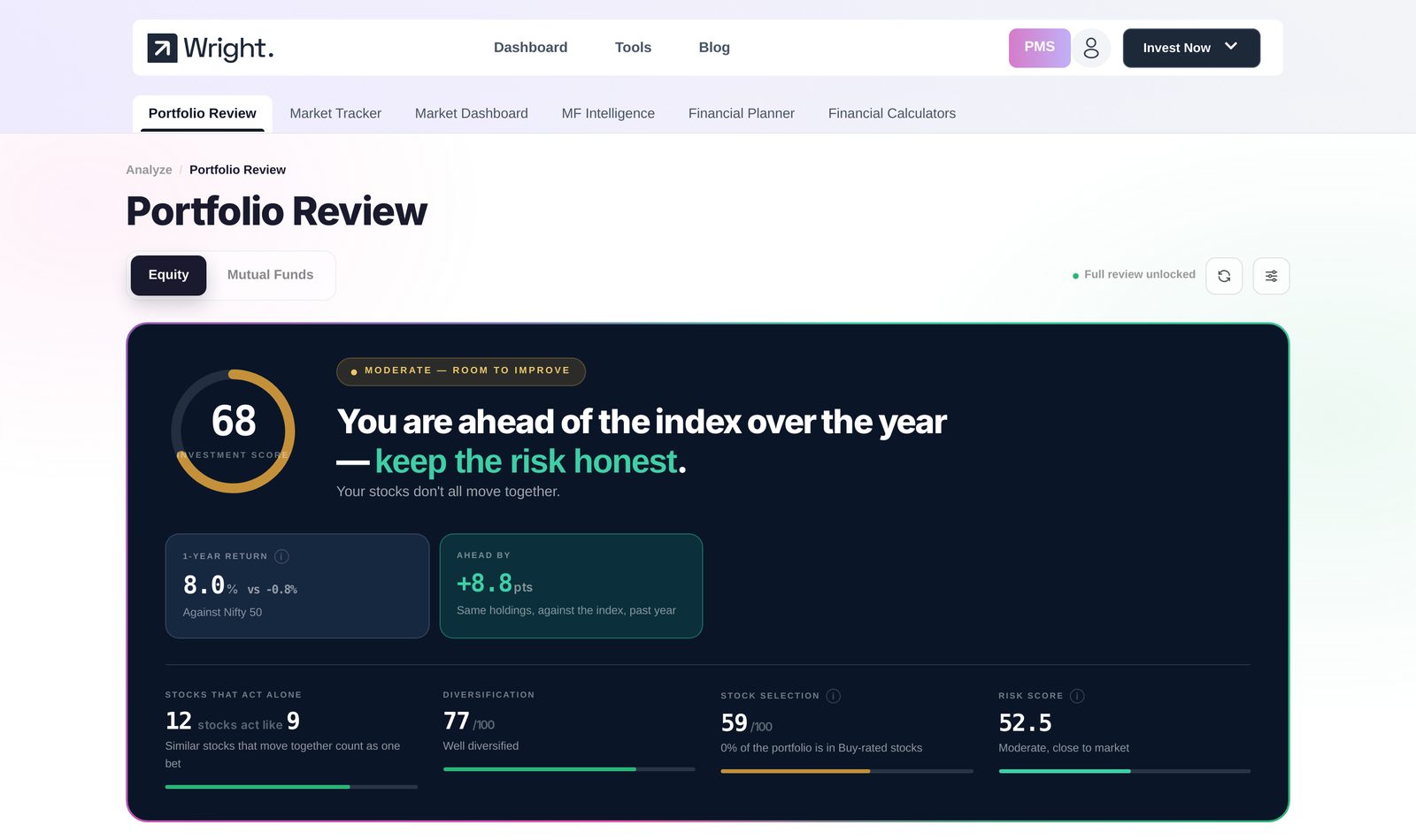 The equity hero card, showing an investment score of 68 out of 100